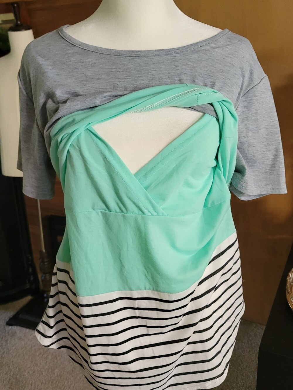 Women's Mint and Gray Nursing/Layered Striped Top
